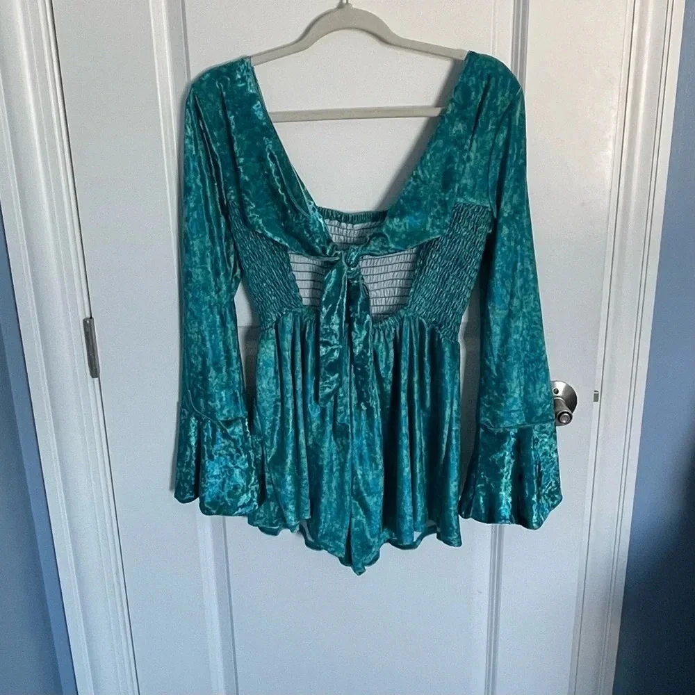 New! Free People Bali tight rope romper blue green velvet nwot 29047